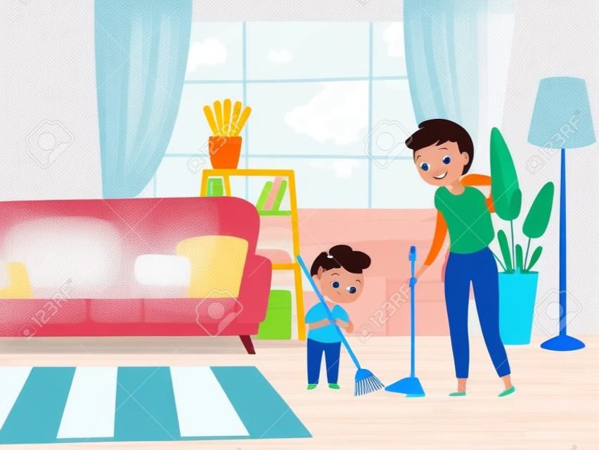 Huiswerk kinderen helpen. Kinderen wassen woonkamer met ouders schoonmaken huis met vader en moeder vector cartoon karakters. Illustratie kind en moeder schoonmaakkamer