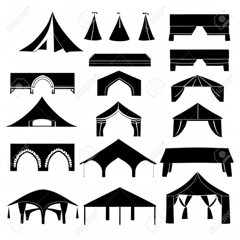 이벤트 텐트. 파티 이벤트 벡터 실루엣 컬렉션을 위한 검은 캔버스 파빌리온의 선택 윤곽. 접는 캐노피, 웨딩 지붕 파빌리온, 캔버스 천막 일러스트