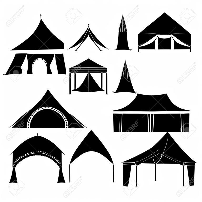 Event tent. Marquee from black canvas pavilion for party events vector silhouettes collection. Folding canopy, wedding roof pavilion, canvas marque illustration