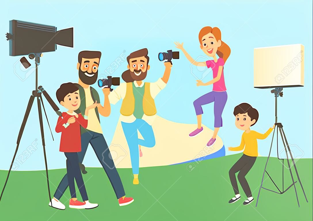 Family photo shoot. Mother father children in studio. Professional photographer with camera and equipment. Cartoon happy people make portrait vector illustration. Family photo session shoot by camera