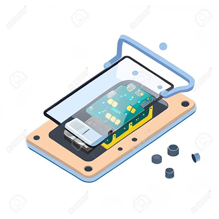 Smartphone hardware. Isometric layers of inside touch screen gadgets or tablet pc motherboard mobile vector repair service concept. Smartphone hardware, screen equipment innovation illustration
