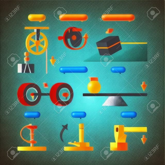 Simple machines. Physics science systems mechanical formula pull machines garish vector isometric set. Science physics engineering, wedge and pulley power illustration