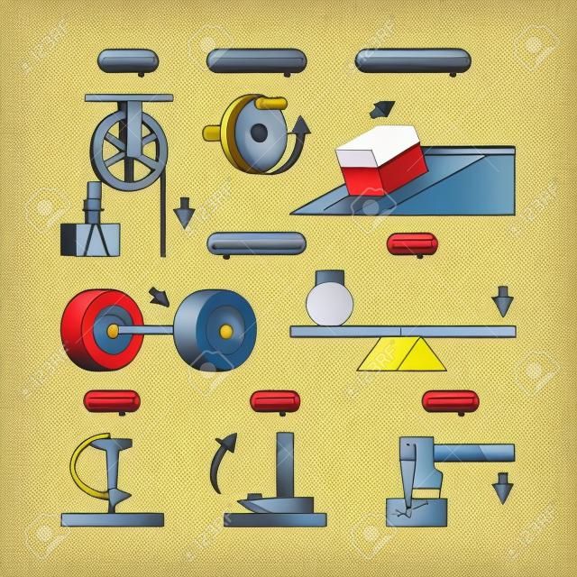 Simple machines. Physics science systems mechanical formula pull machines garish vector isometric set. Science physics engineering, wedge and pulley power illustration