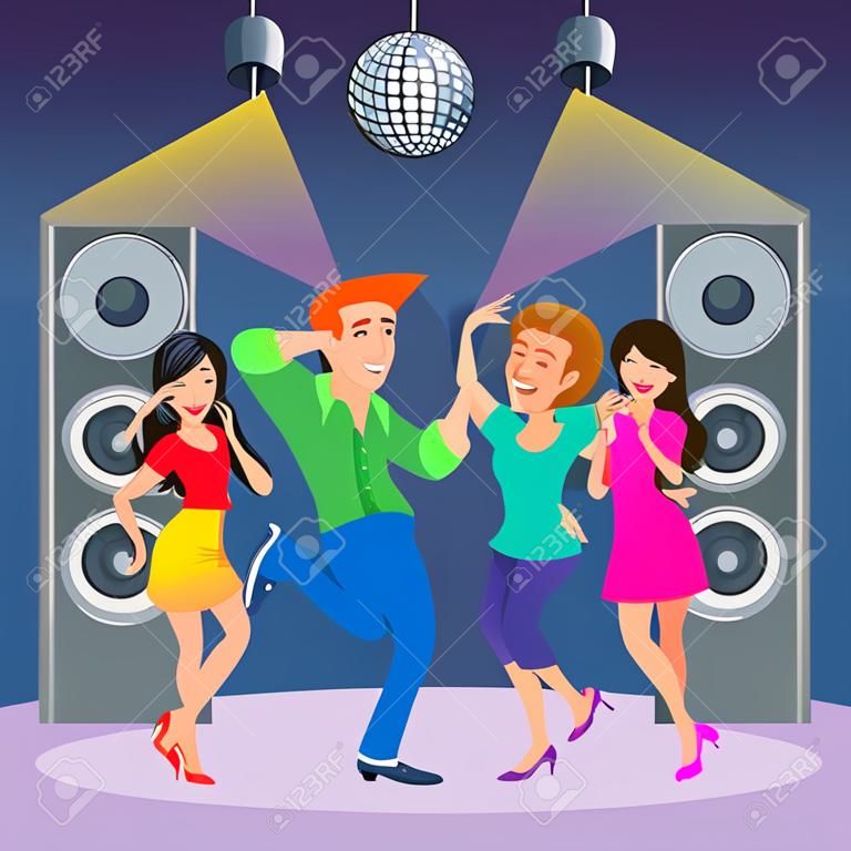 Funny people dancing on dance floor. Man and woman on disco party. Vector illustration