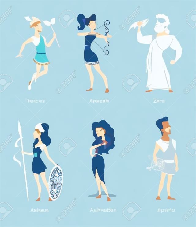 Griekse oude goden. Set van cartoon karakters man en vrouw. Vector Griekse god apollo en Artemis, afrodiet en athena, zeus en hermes illustratie