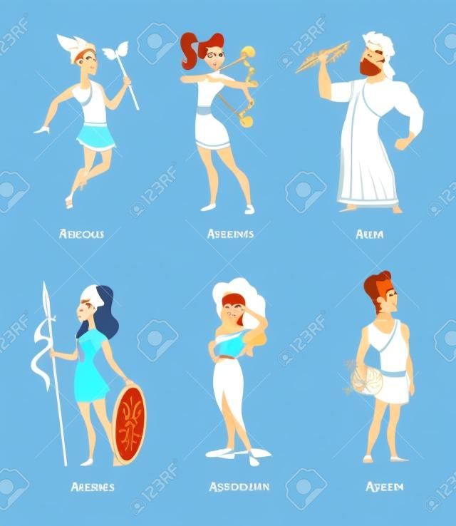 Griekse oude goden. Set van cartoon karakters man en vrouw. Vector Griekse god apollo en Artemis, afrodiet en athena, zeus en hermes illustratie