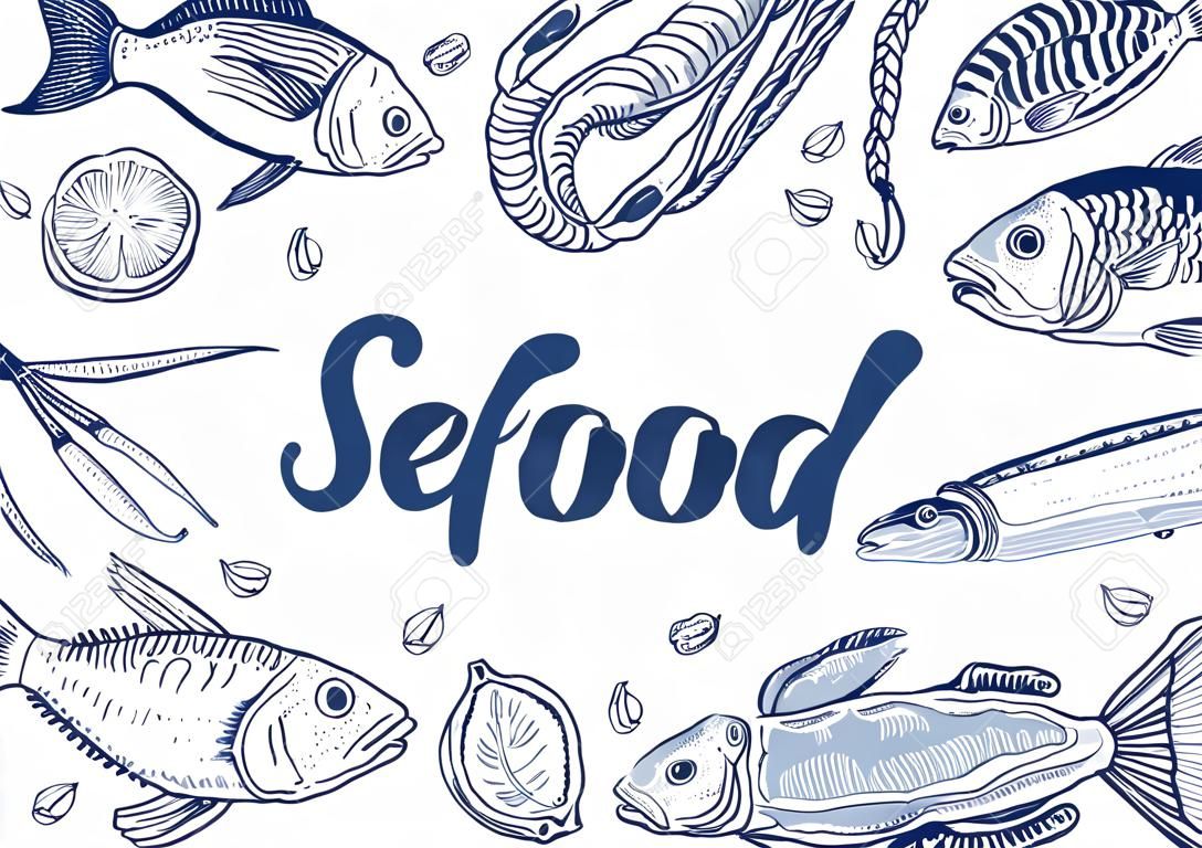 Ilustração de fundo vetorial com elementos de frutos do mar desenhados à mão reunidos em torno de letras