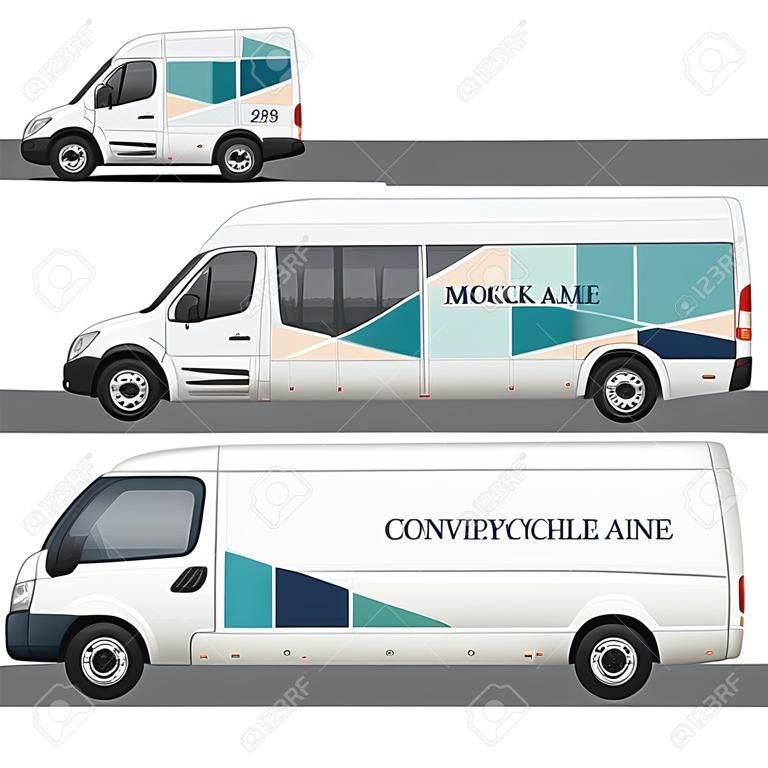 Marca de vehículos. Publicidad de transporte autobús camión furgoneta coche maqueta vectorial realista. Ilustración de autobús y furgoneta, transporte de vehículos