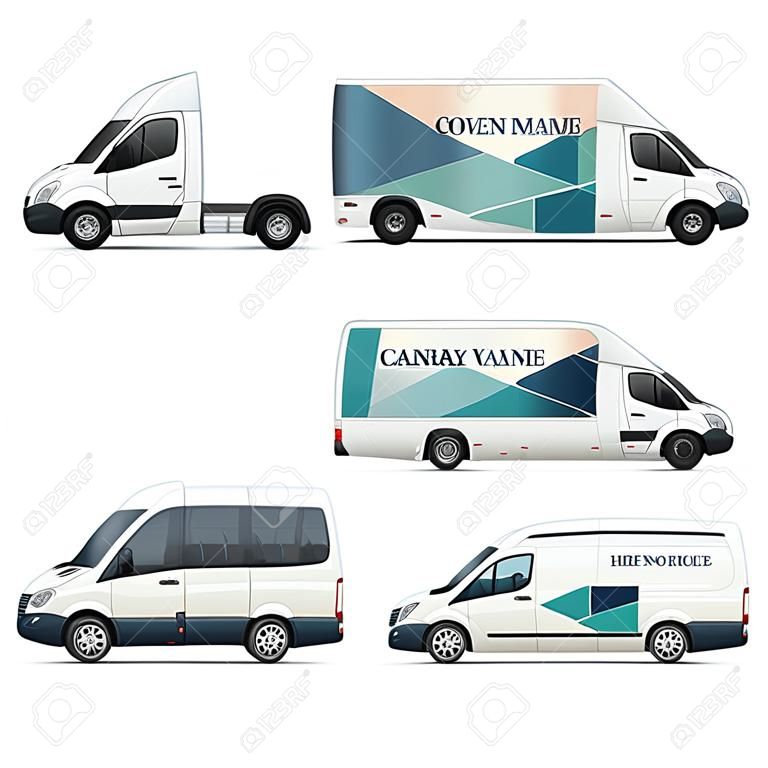 Marca de vehículos. Publicidad de transporte autobús camión furgoneta coche maqueta vectorial realista. Ilustración de autobús y furgoneta, transporte de vehículos