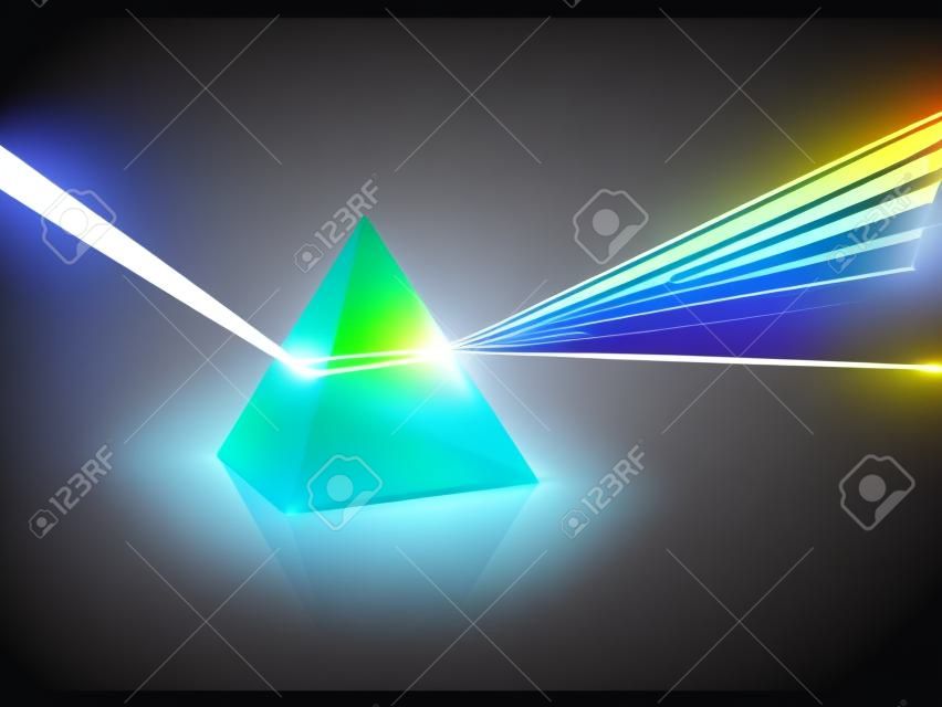 Refração do espectro. prisma de pirâmide de vidro baixo conceito poli abstrato brilho refração de luz dentro forma geométrica transparente arco-íris de vetor decente