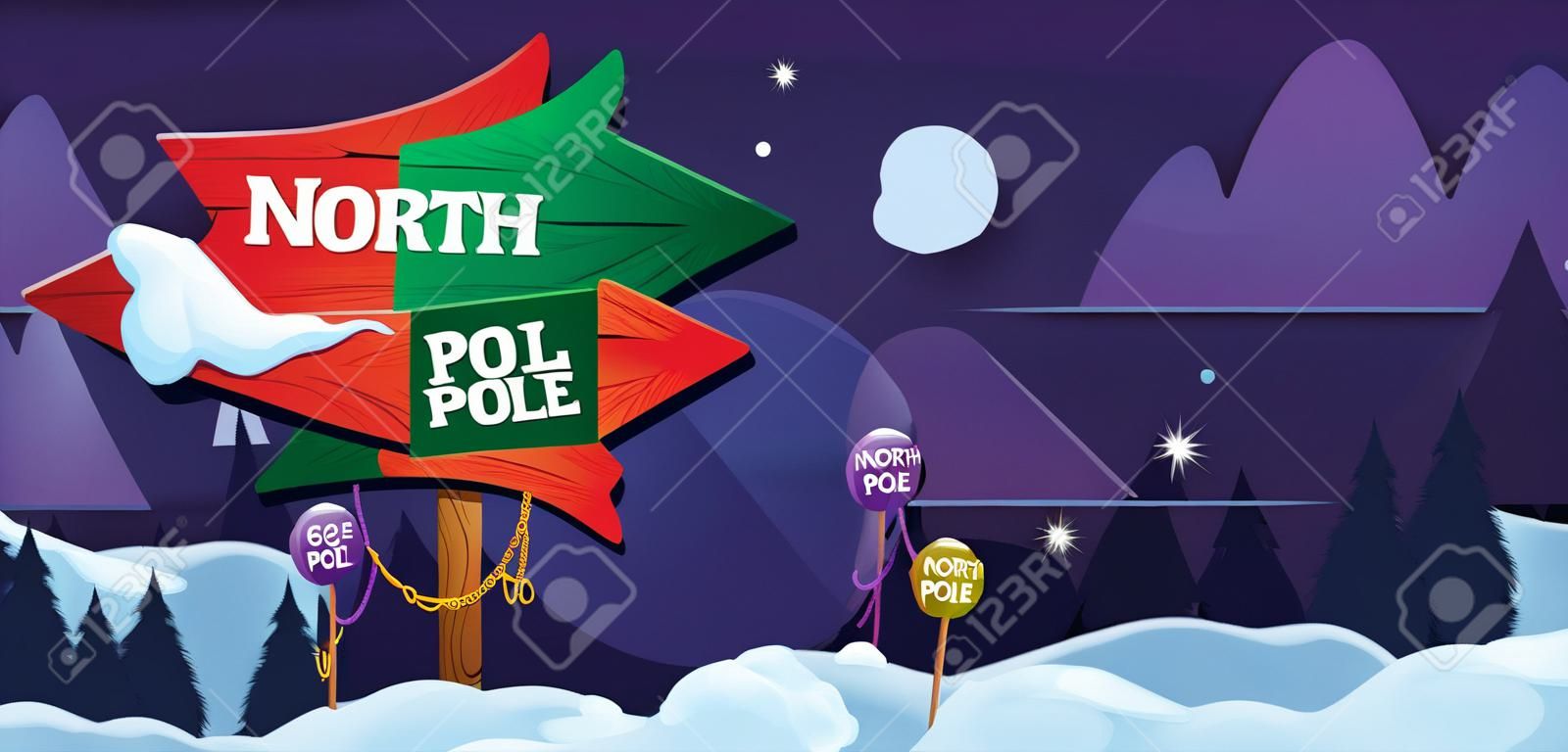 Noordpool achtergrond. Sprookjes Kerst sneeuw landschap met houten richting pijl garish vector natuur cartoon illustratie