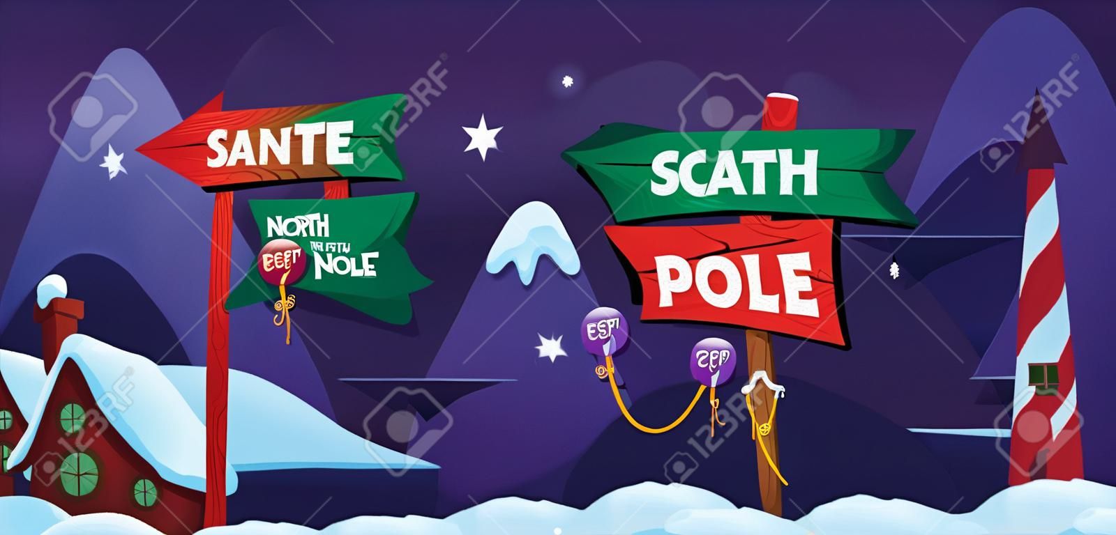 North pole background. Fairytale christmas snow landscape with wooden direction arrow garish vector nature cartoon illustration