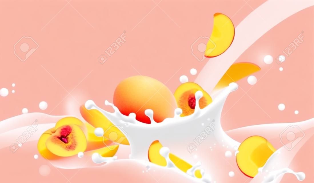 Realistische melk of yoghurtstroom met perzik en mango vector achtergrond
