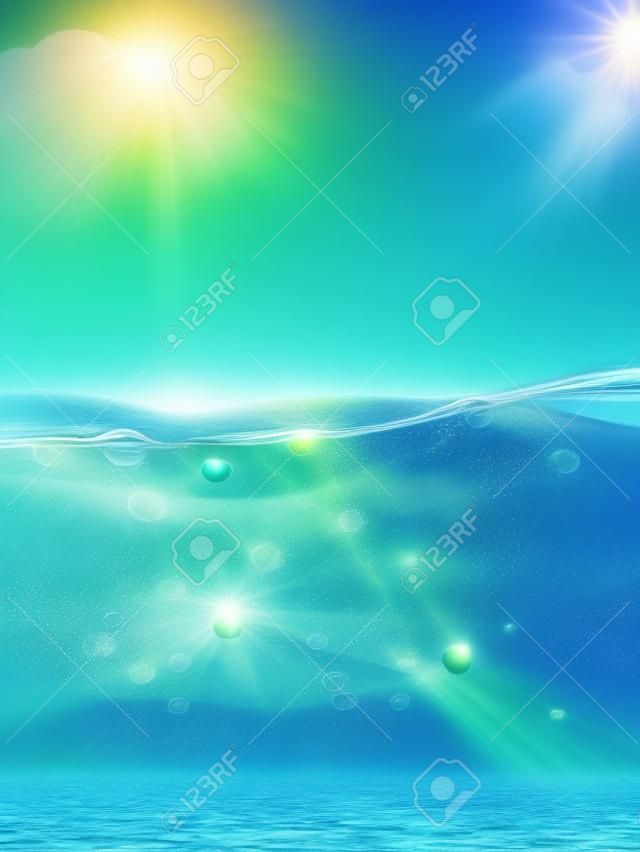 Paisagem do oceano realista. Subaquática fluindo bolhas de água transparentes respingos luz nascer do sol superfície marinha vector natureza fundo