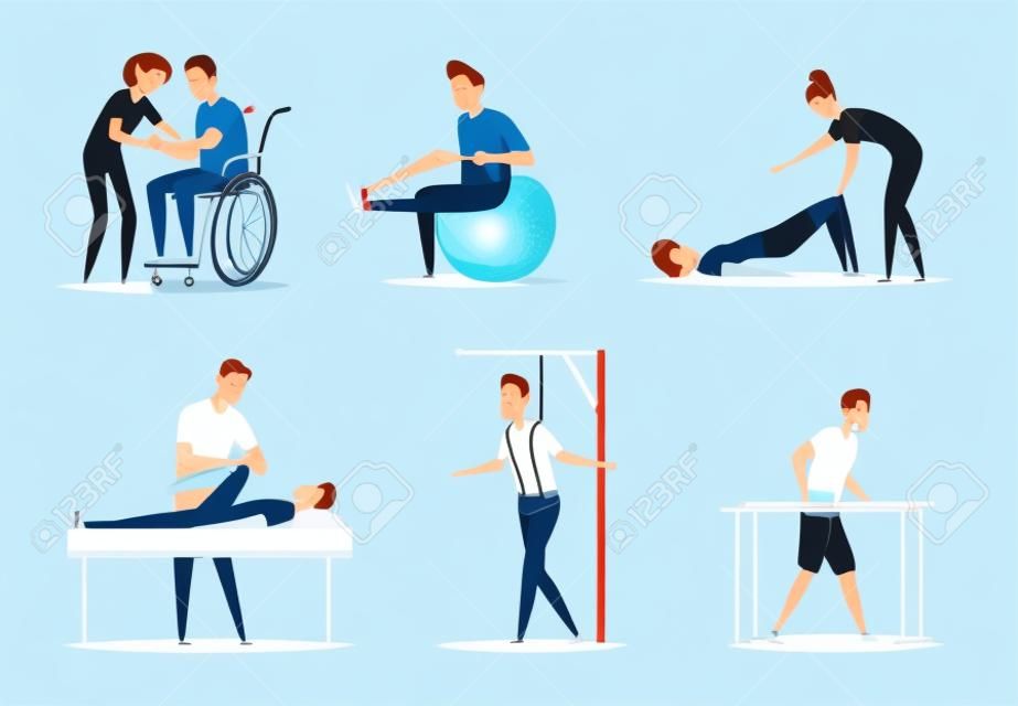 Rehabilitacja. ilustracje medyczne rekrutacja i leczenie fizjoterapeutyczne rehabilitacja osób niepełnosprawnych dokładny zestaw obrazów wektorowych z kreskówek