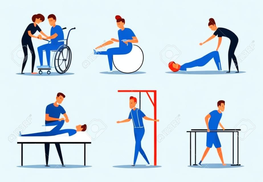 Rehabilitacja. ilustracje medyczne rekrutacja i leczenie fizjoterapeutyczne rehabilitacja osób niepełnosprawnych dokładny zestaw obrazów wektorowych z kreskówek