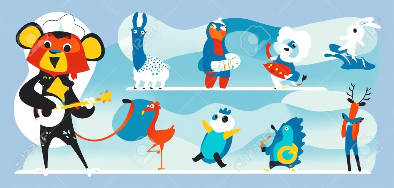 Animali estivi animali della stagione calda che viaggiano sul mare camminando in costume da bagno insieme di immagini esatte di cartoni animati vettoriali