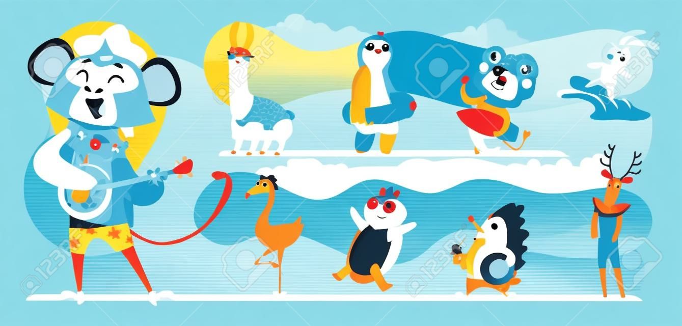 Animali estivi animali della stagione calda che viaggiano sul mare camminando in costume da bagno insieme di immagini esatte di cartoni animati vettoriali