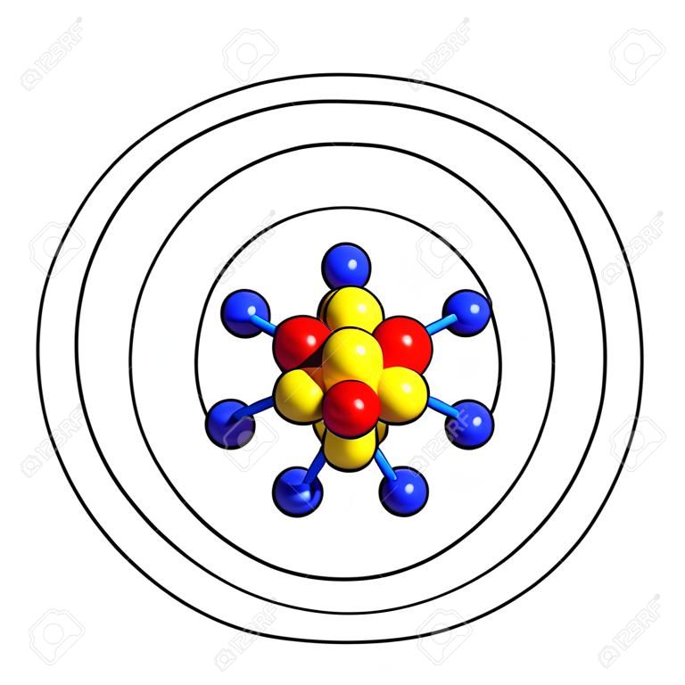 3d rendering di struttura atomica di alluminio isolato su sfondo bianco Protoni sono rappresentati come sfere rosse, neutroni come sfere gialle, elettroni come sfere blu
