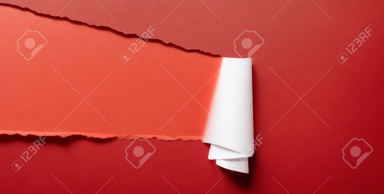 rood gekleurd gescheurd open papier met papierkrullen en ruimte voor tekst