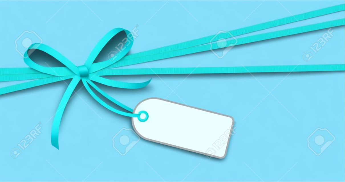 EPS 10 vector illustration of blue colored ribbon bow with hang tag and free text space isolated on white background