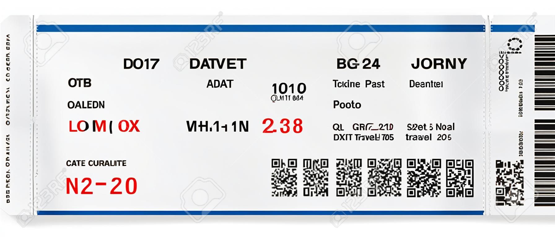 Modello di imbarco aereo passa biglietto con codice QR2. Concetto di viaggio, viaggio o per affari. Isolati su bianco. Illustrazione vettoriale