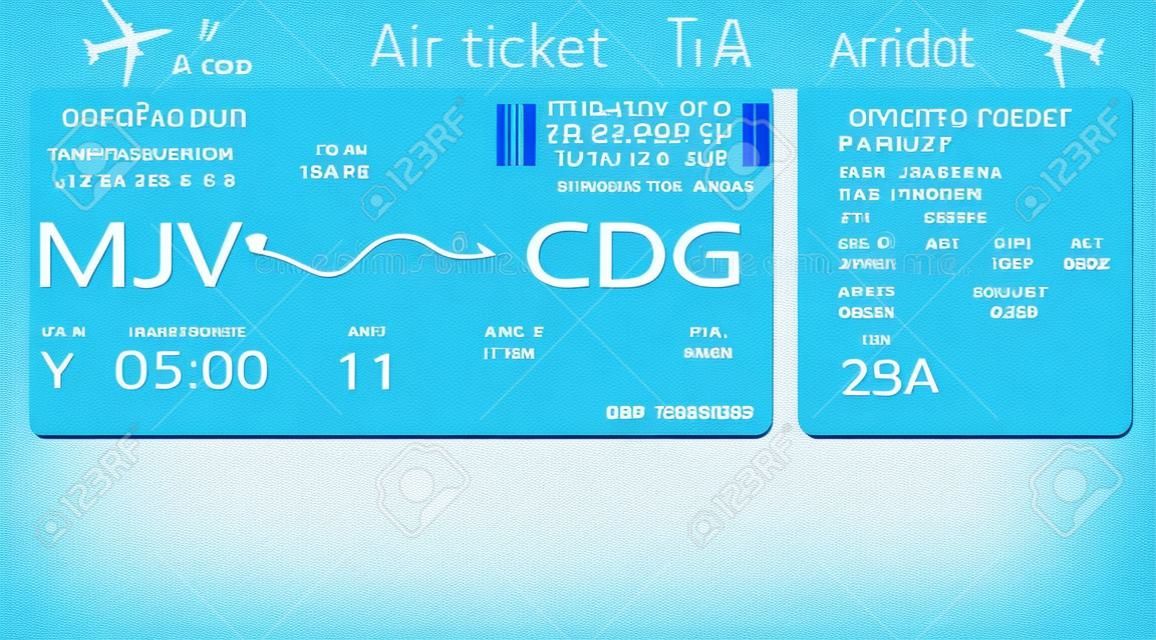 Vorlage für Flugtickets für Geschäftsreisen, Reisen oder Urlaubsreisen. Variante einer Bordkarte. Isolierte Vektorillustration mit blauen Farben