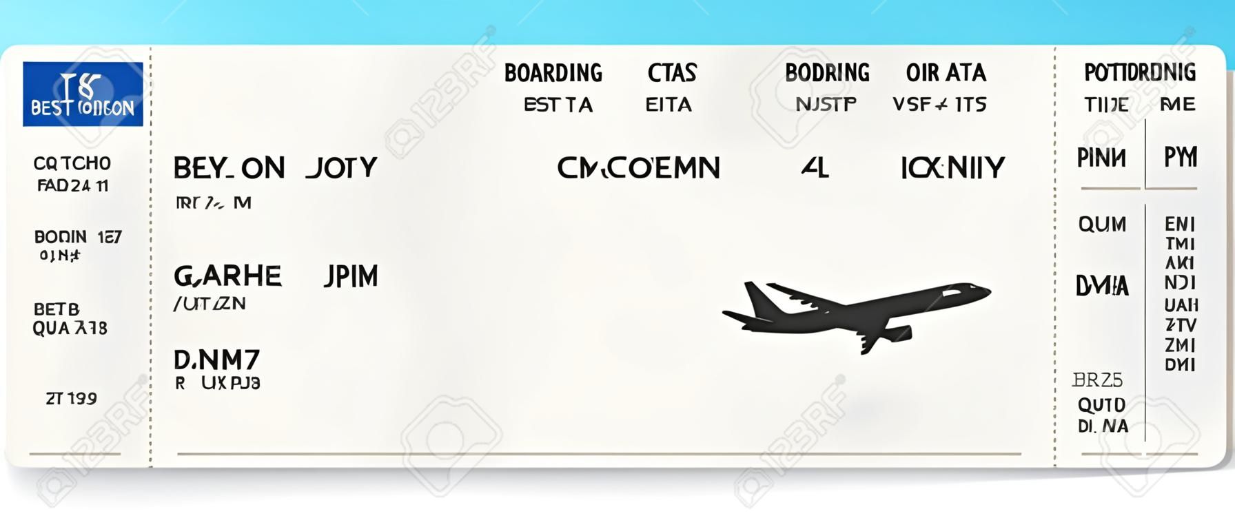 実物ではないフライト時間と乗客名を持つブルーのリアルな航空券または搭乗券の設計。搭乗券のパターンのベクトルイラスト