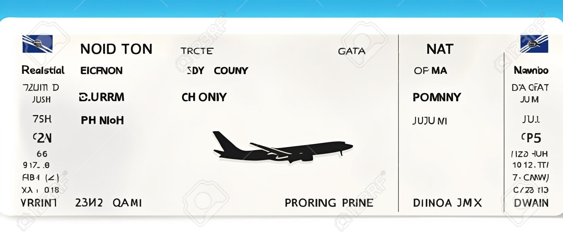 Blaues realistisches Flugticket- oder Bordkartendesign mit unwirklicher Flugzeit und Passagiernamen. Vektorillustration des Musters einer Bordkarte