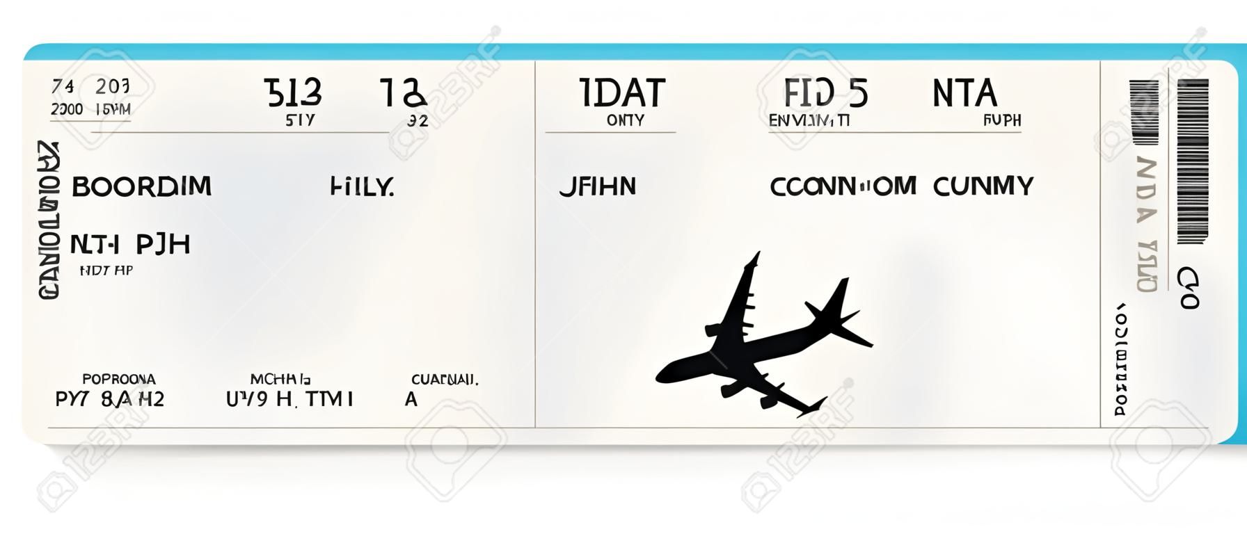 Blaues realistisches Flugticket- oder Bordkartendesign mit unwirklicher Flugzeit und Passagiernamen. Vektorillustration des Musters einer Bordkarte