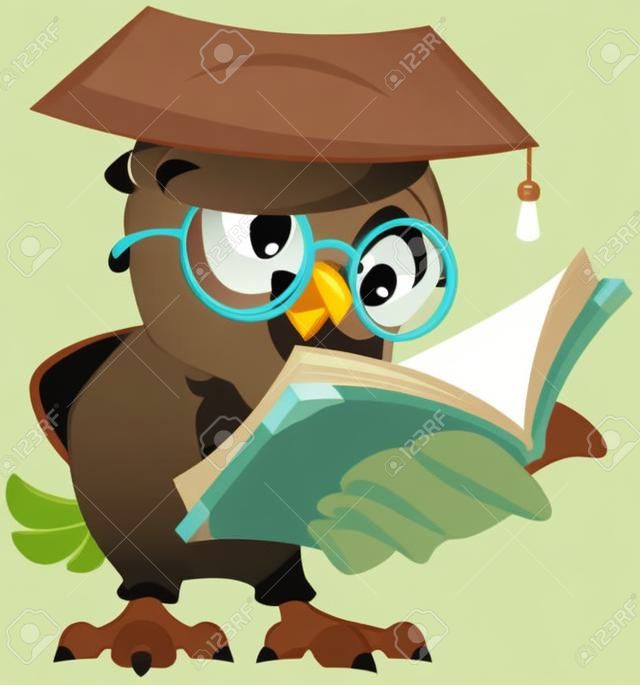 貓頭鷹讀一本書。矢量卡通插圖