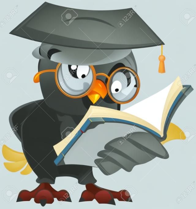 Owl lettura di un libro. Vector cartoon illustrazione