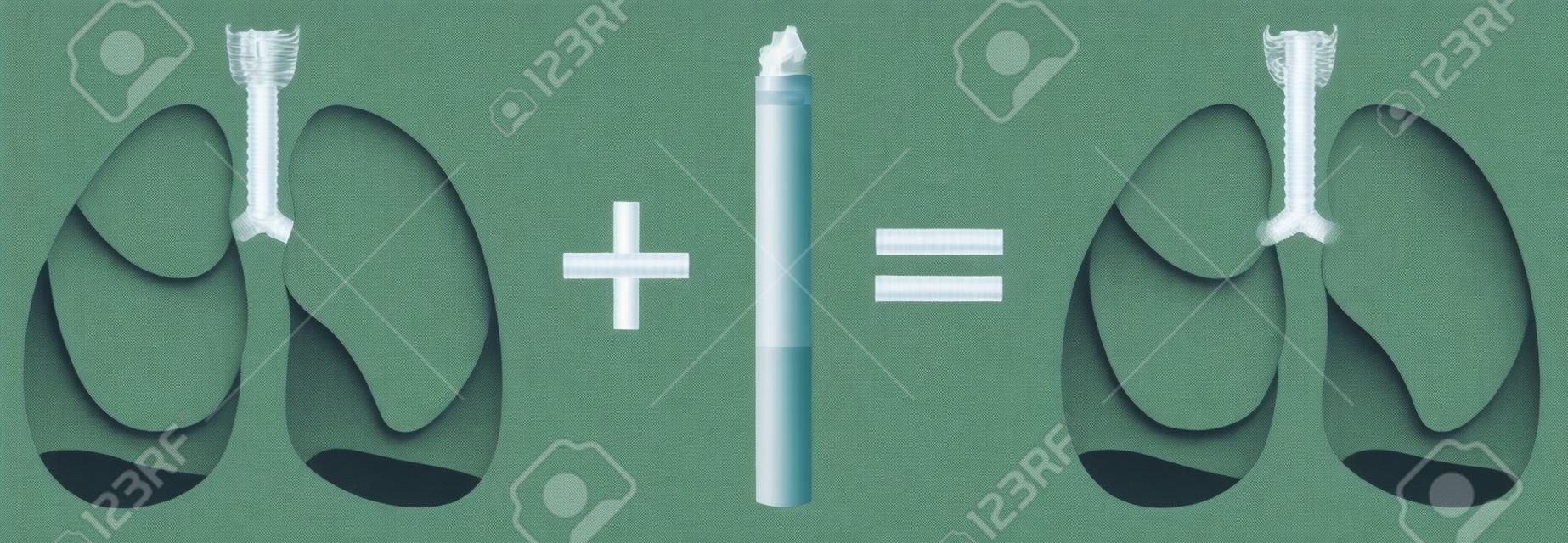 Healthy lungs plus cigarette result of lung cancer. Harm of smoking. Illustration in vector format