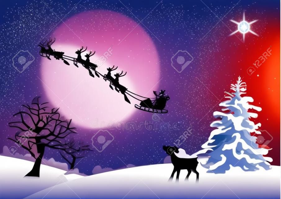 Санта-Клаус в санях и оленьих салазках на фоне полной луны в ночном небе Рождество. Векторная иллюстрация для поздравительной открытки