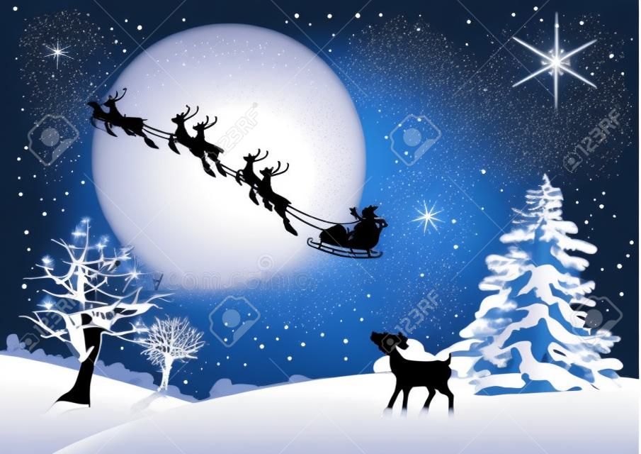 Kerstman in slee en rendieren slee op de achtergrond van volle maan in de nacht hemel Kerstmis. Vector illustratie voor wenskaart