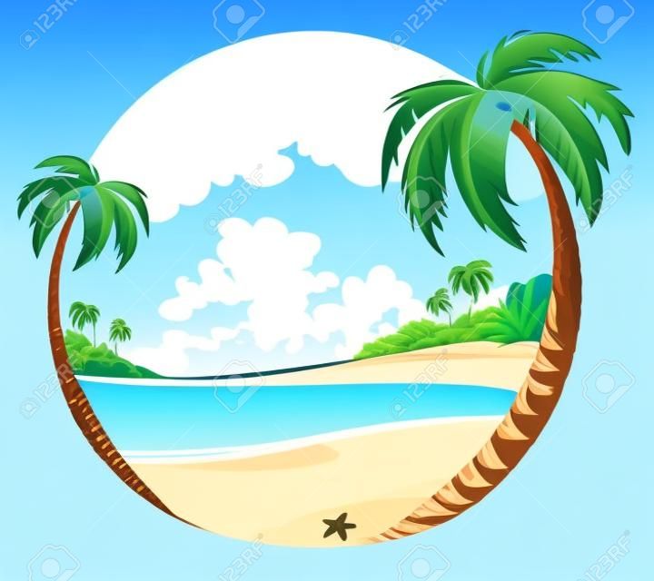 Тропический пляж среди пальм. Векторная иллюстрация мультфильма