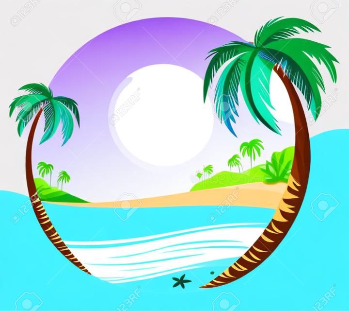 在棕榈树中的热带海滩。矢量卡通插画