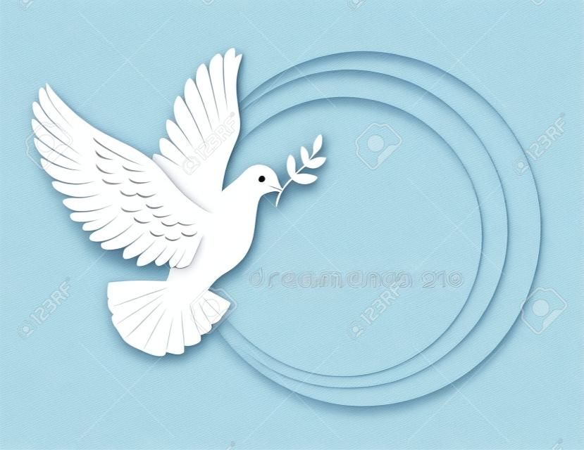 La paloma blanca sostiene el símbolo de la ramita de la paz. Tarjeta de felicitación de plantilla de ilustración vectorial
