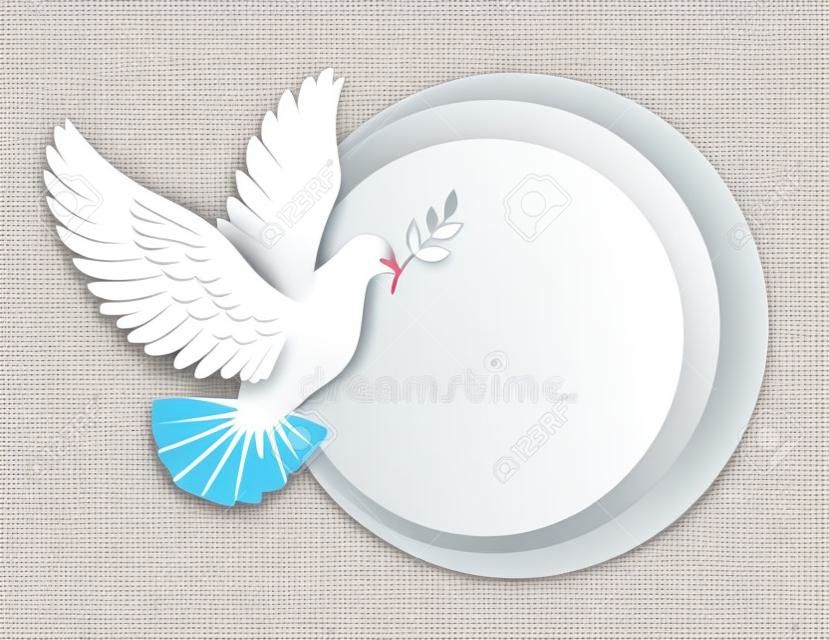 La paloma blanca sostiene el símbolo de la ramita de la paz. Tarjeta de felicitación de plantilla de ilustración vectorial