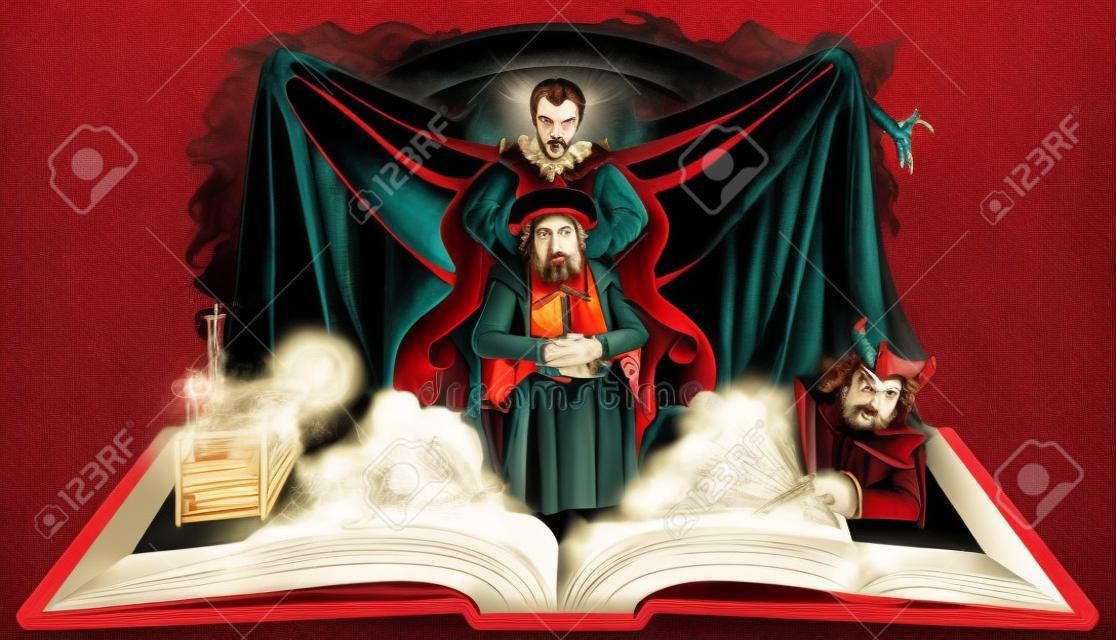 Faust and Mephistopheles devil seduces scientist alchemist. Open book vector illustration