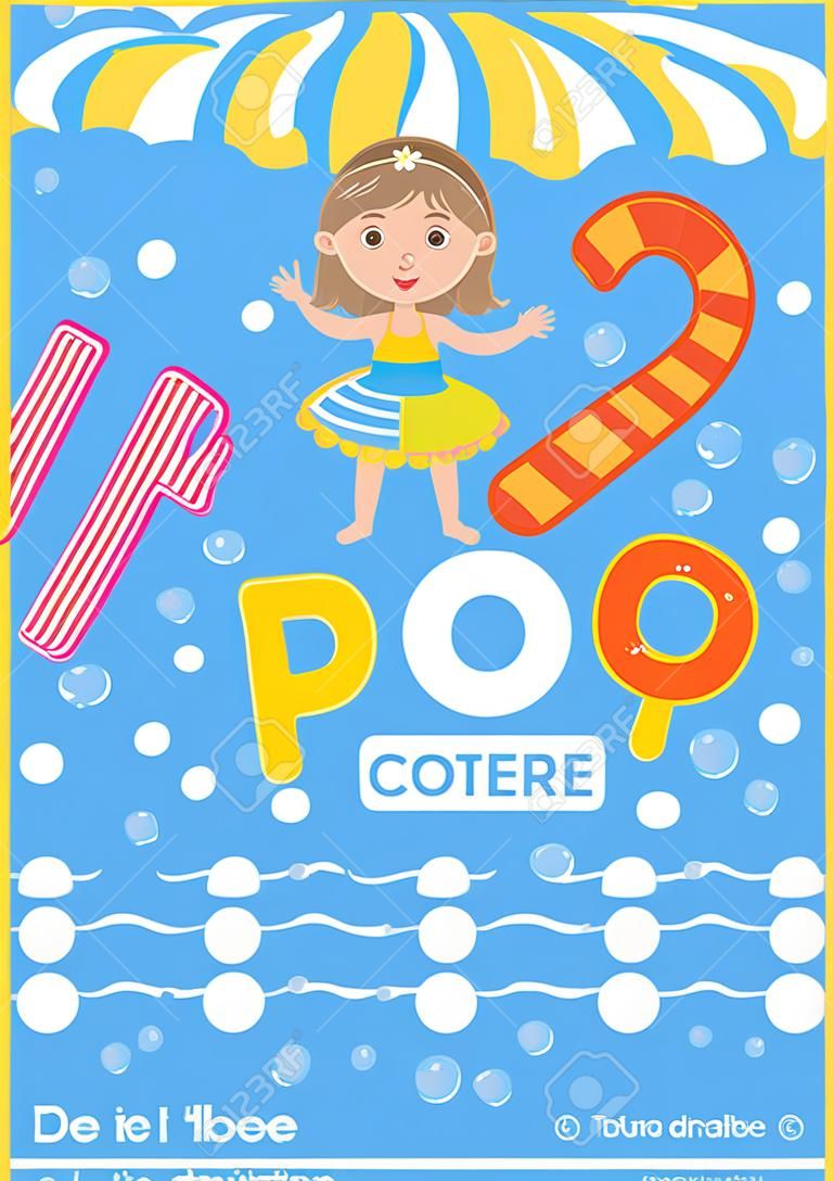 Pool party. Invitation template card. Kids fun in pool