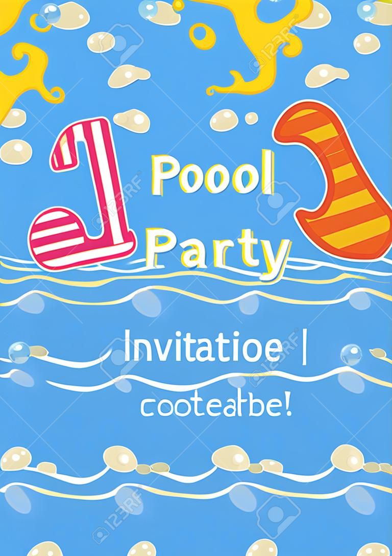 Pool party. Invitation template card. Kids fun in pool