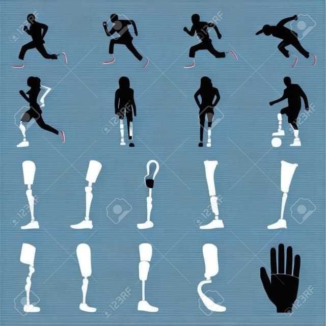 Siluetas de personas amputadas con prótesis. Siluetas de prótesis de piernas y brazos. Vector.