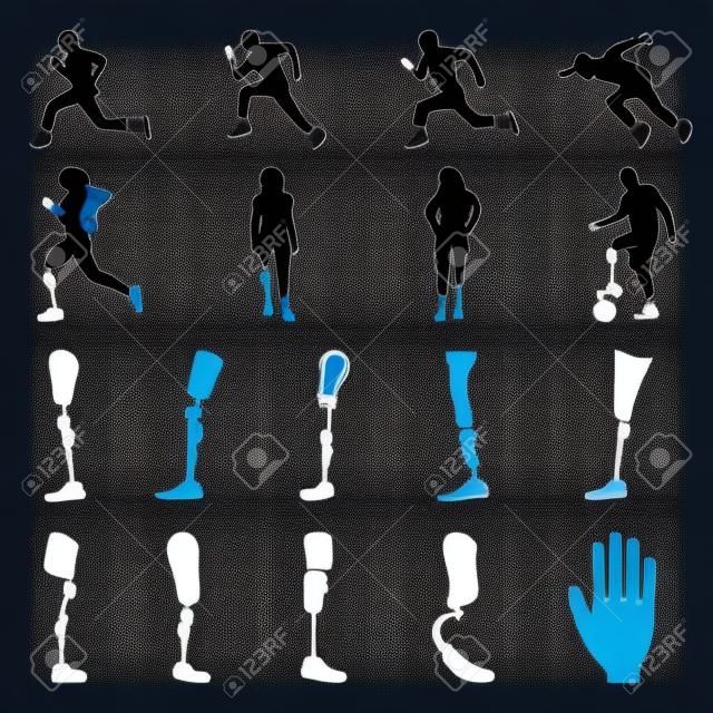 Silhouettes of amputee people with artificial limb. Silhouettes of prosthetic legs and arms. Vector.