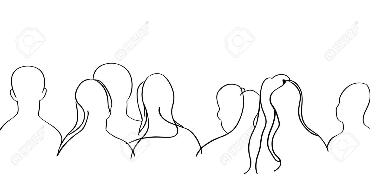 Continuous one line silhouette of a crowd of people back view. Vector stock illustration.