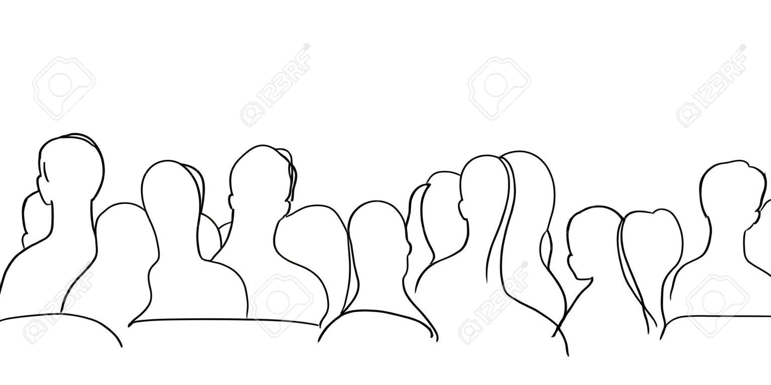 Continuous one line silhouette of a crowd of people back view. Vector stock illustration.