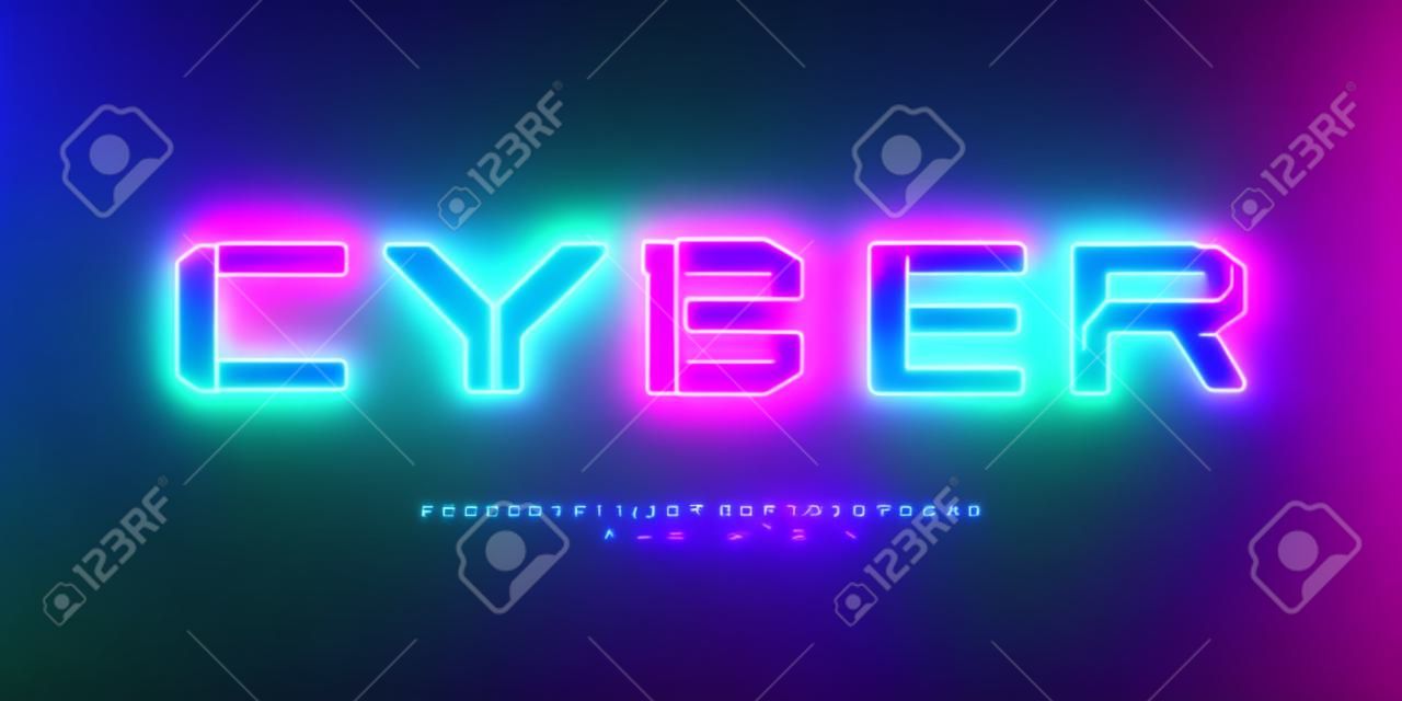 Futuristic cyberpunk hologram font. Modern English alphabet with blue hud neon effect and pink printed circuit board. Good for design promo electronic music events and game titles. Vector type.