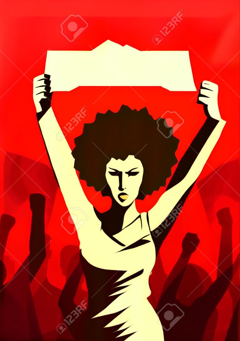 Angry woman with afro hairstyle raised up placard with copy space, and silhouette of crowd of people hands raised in the air on the background. Revolution, political protest. Vector