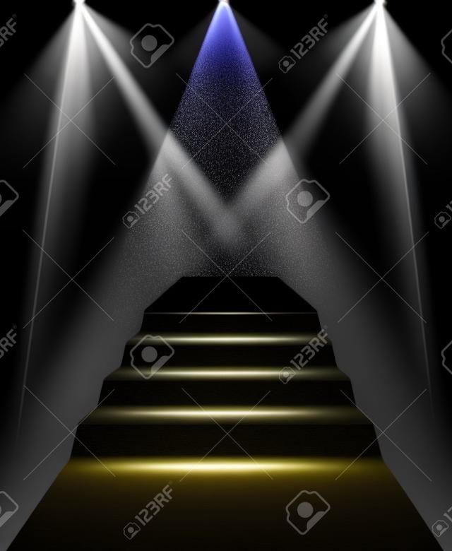 stairway 3d on dark background, illuminated a ray searchlight