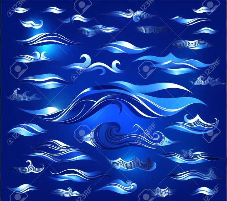 Vector waves set of elements for design, blue silhouettes against a light background